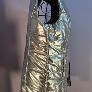 Women's Hip-length Reversible Metallic Silver Puffer Vest